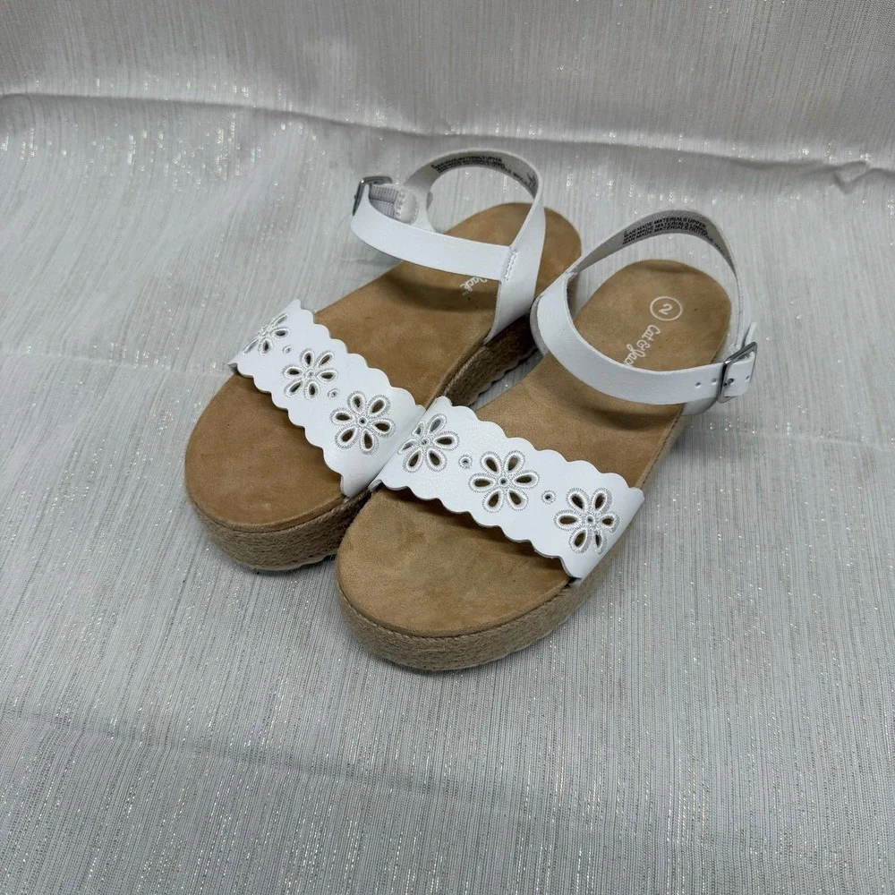 Cat & Jack Girls White Floral Laser Cut Platform Sandals Espadrille Size 2